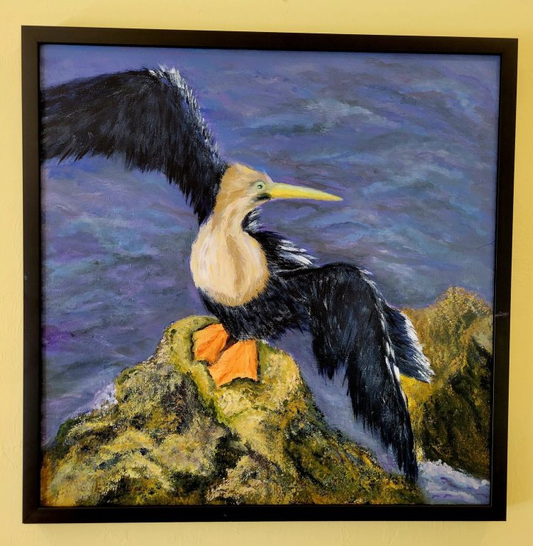 Painting by Era Jo Moorer, Anhinga Drying Out, Silent Auction being held at The Yoga Sanctuary in Downtown Punta Gorda to benefit the Peace River Wildlife Center Painting by Era Jo Moorer, Anhinga Drying Out, Silent Auction being held at The Yoga Sanctuary in Downtown Punta Gorda to benefit the Peace River Wildlife Center